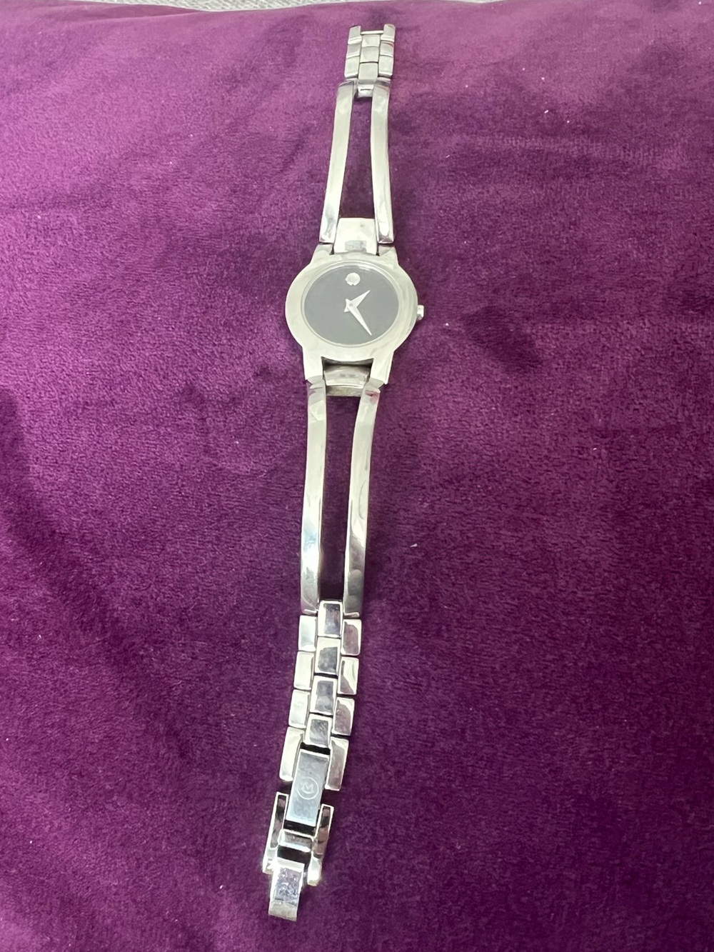 Movado Silver Bracelet Watch with Black Dial Accents